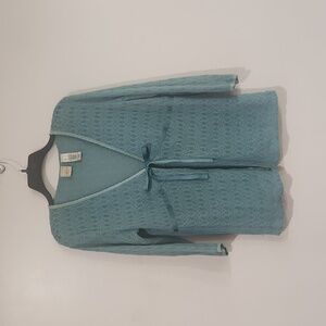 Emma James women's teal crochet lace 3/4 sleeve ribbon tie cardigan